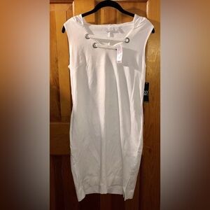 New York & Company White Lace-Up Front Dress with Grommet Detail, Hooded
